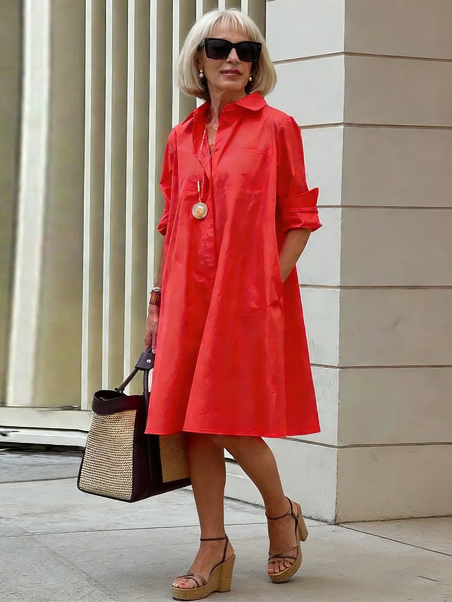 Holiday Bohemian Maxi DressDot Printed Mid-Length Long Sleeve Shirt Dress for Women