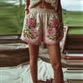 Vintage Pink Roses Embroidered Art Linen Shorts