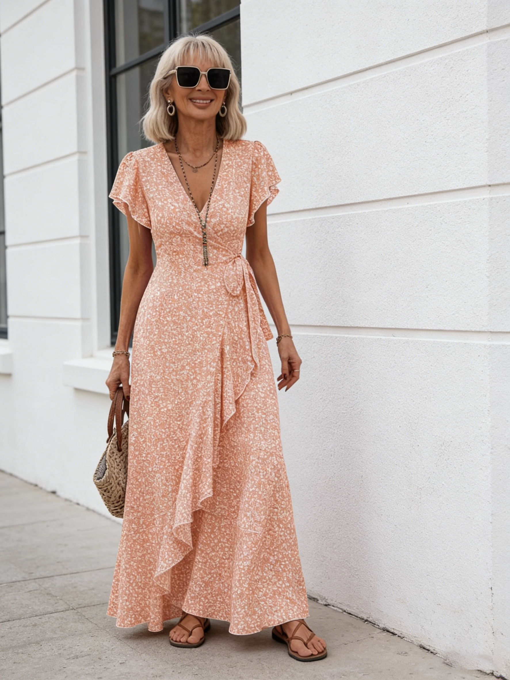 Small Floral V-neck Cardigan Belt Wrap Short Sleeve Bohemian Vacation Dress Women