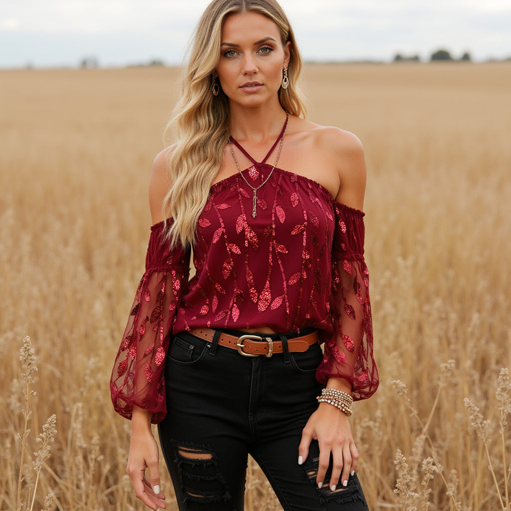 Women's Lace Mesh Embroidery Long Sleeves Top Shirt