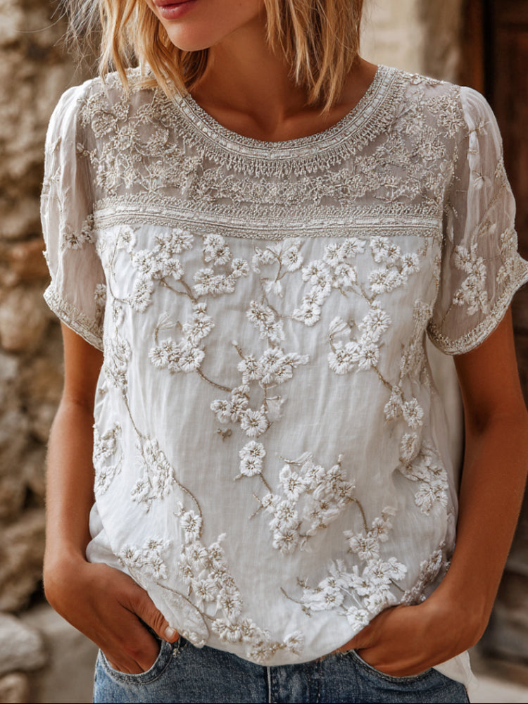 Vintage White Cherry Blossom Art Embroidery Patchwork Cotton Linen Blend Short Sleeve Top
