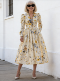 Printed V-neck Waist Long Sleeve A Pendulum Women's Dress Long Dress Literary Retro Fashion Elegant
