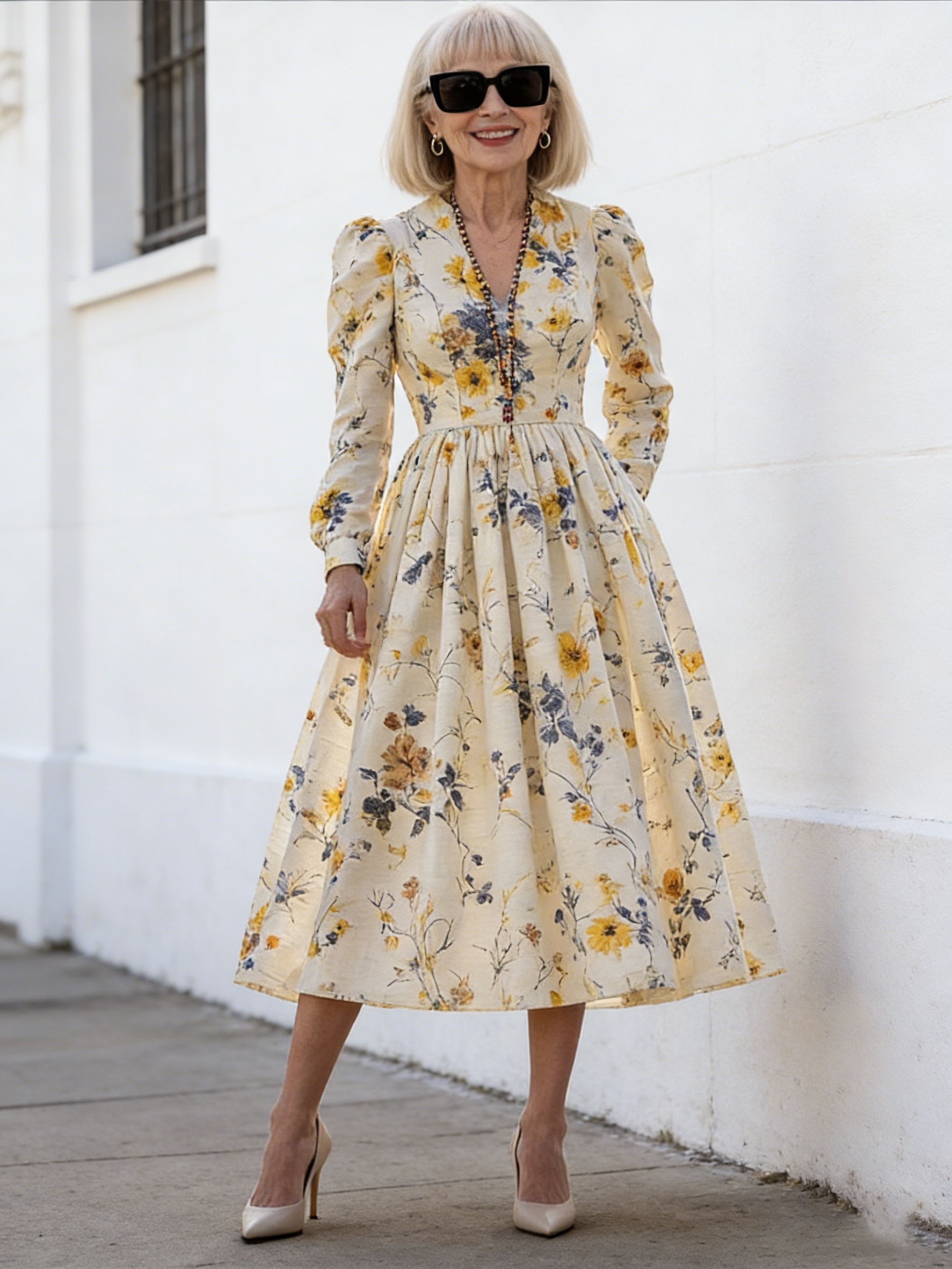 Printed V-neck Waist Long Sleeve A Pendulum Women's Dress Long Dress Literary Retro Fashion Elegant