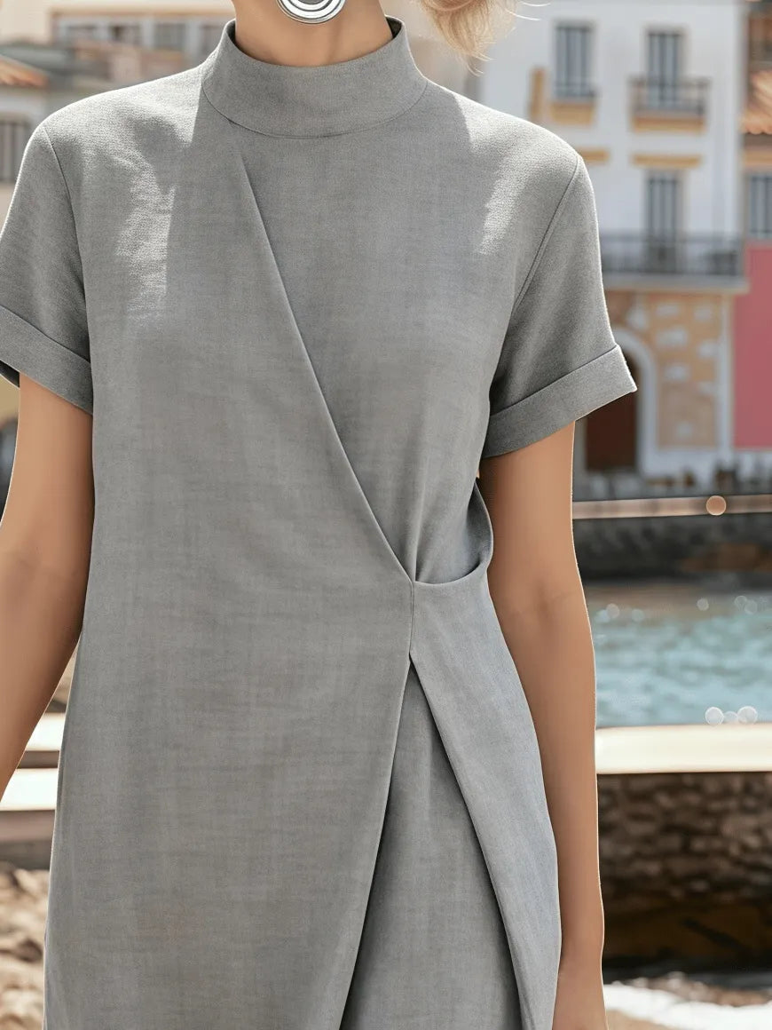 Women's High-Neck Pleated Short-Sleeved Dress