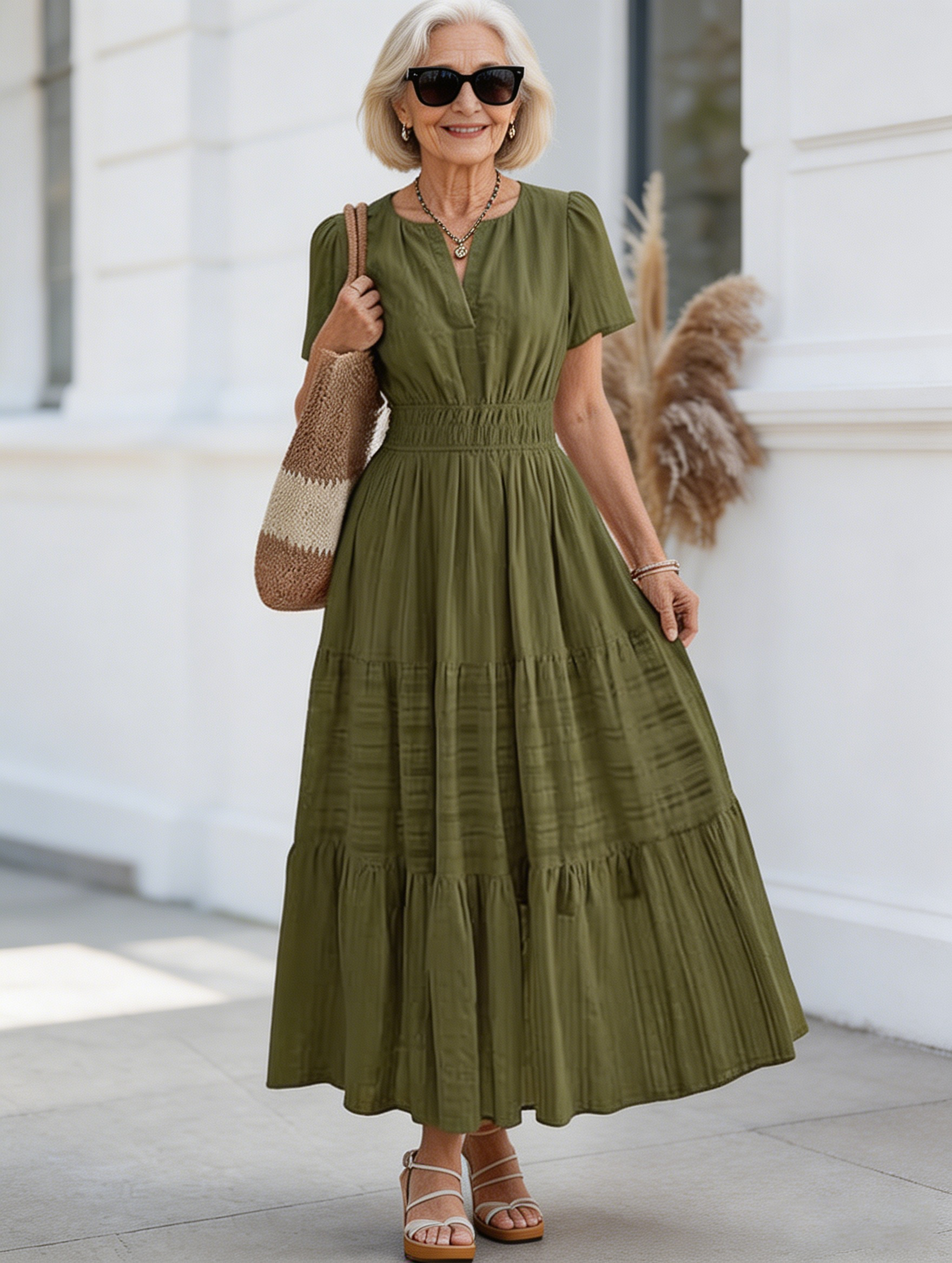 Cotton Fashion V-neck Pleated Bubble Sleeves Layered Pendulum Dress Women