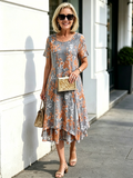 Grey & Orange Floral Mesh Layered Midi Dress, Round Neck 3/4 Sleeve Loose Tummy Concealing Plus Size Dress for Mature Women
