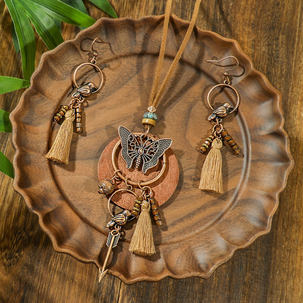 3pcs Boho Ethnic Long Sundry Colors Tassel Pendant Necklaces For Women Retro Rhinestone Drip Oil Alloy Necklace