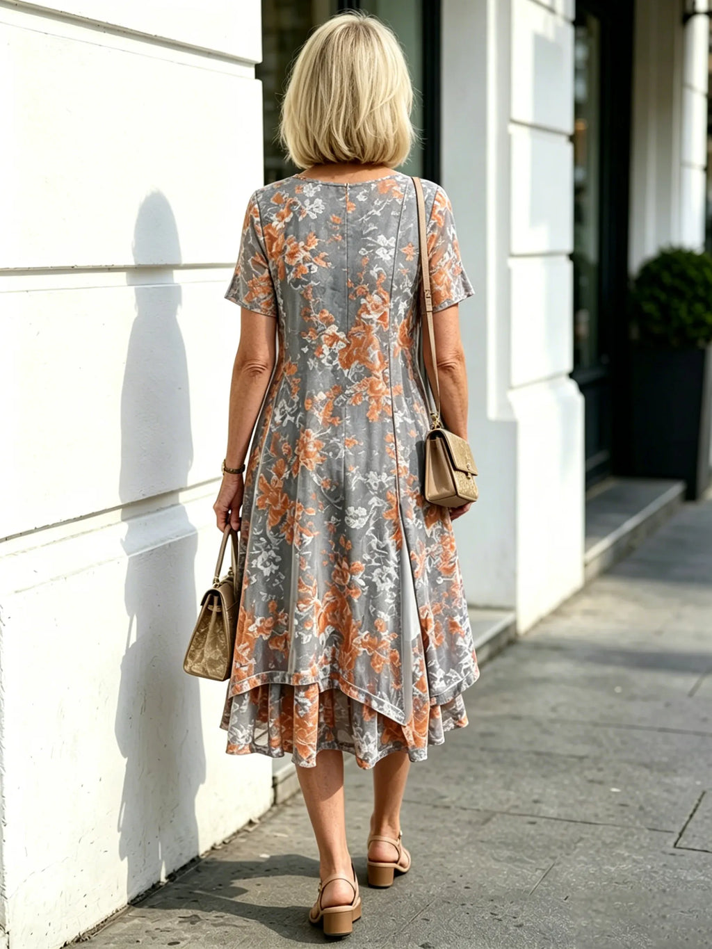 Grey & Orange Floral Mesh Layered Midi Dress, Round Neck 3/4 Sleeve Loose Tummy Concealing Plus Size Dress for Mature Women