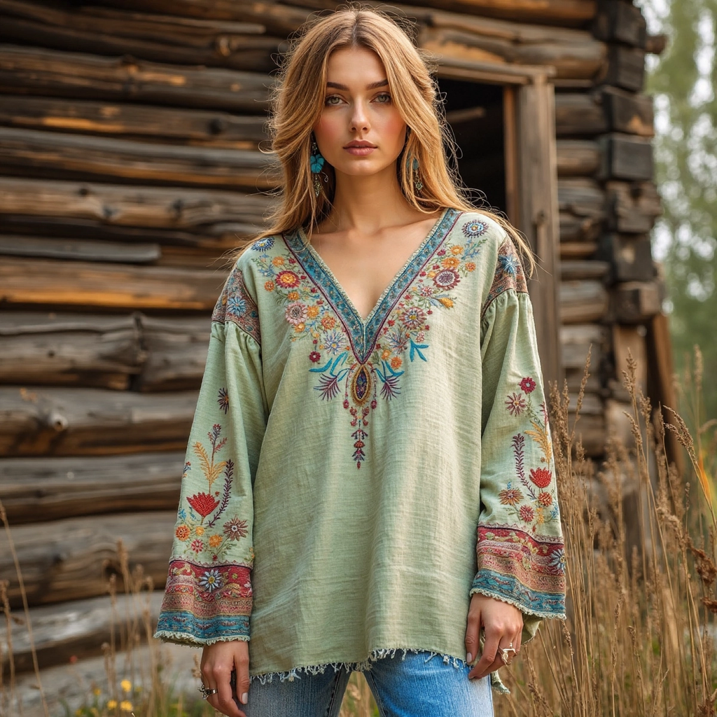 Retro Bohemian Tribal Art Embroidery Print Cotton And Linen V-neck Loose Shirt