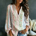 Women's Pink Floral Art Embroidery Spliced Striped Comfortable Cotton Linen V-neck Long Sleeve Top