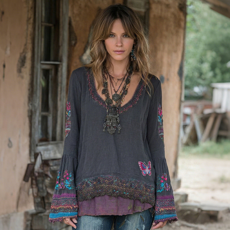 Women's Vintage Floral Lace Embroidered Art Linen T-shirt