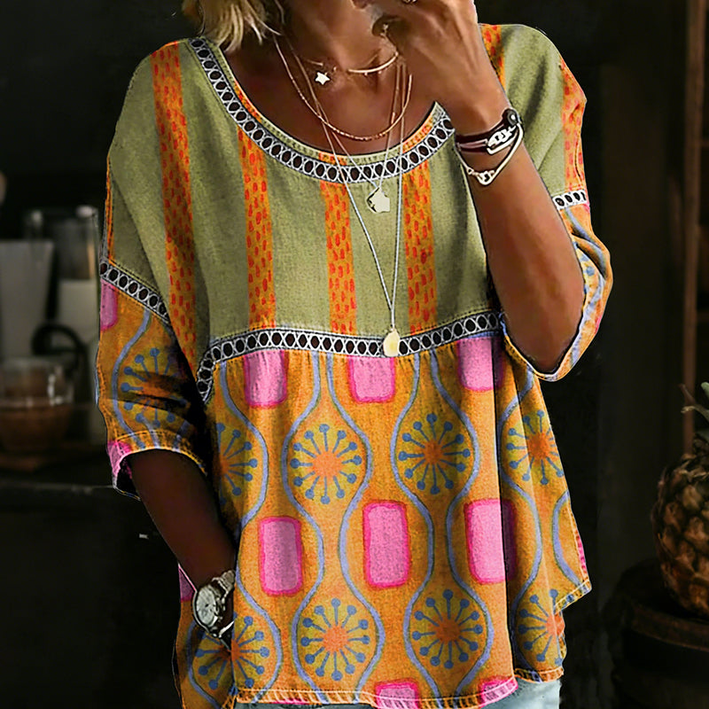 Women's Vintage Abstrct Art Print Flowy Linen Blend Casual Tops