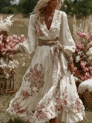 Women's Bohemia Floral Embroidery Art Long Sleeve Maxi Dress