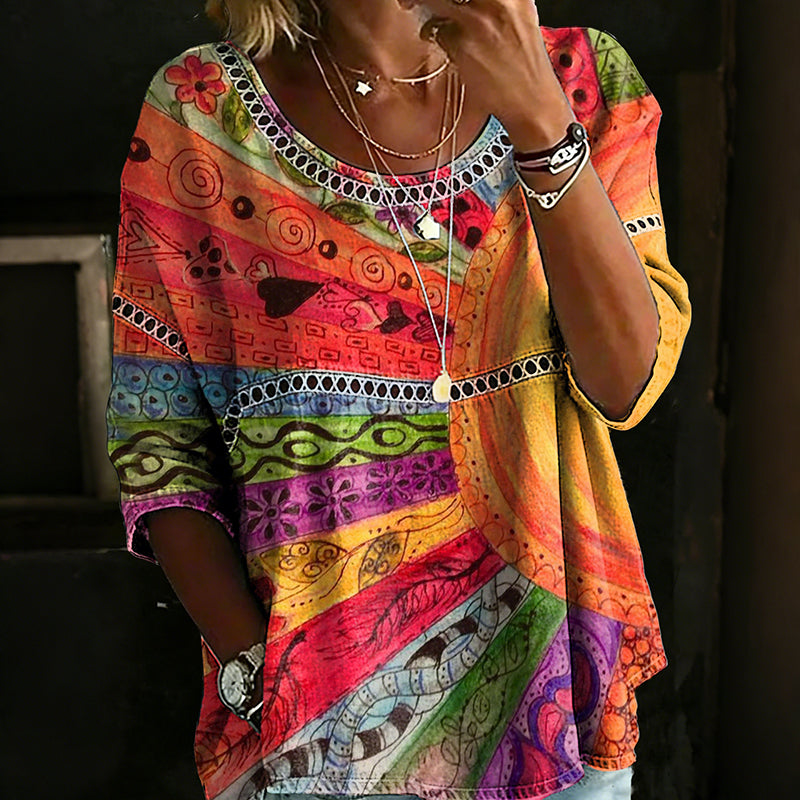 Women's Bohemian Vintage Rainbow Art Print Flowy Linen Blend Casual Tops