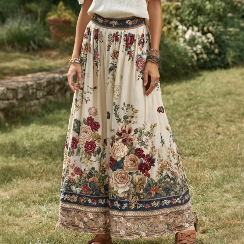Women's Vintage Floral Linen Midi Skirt