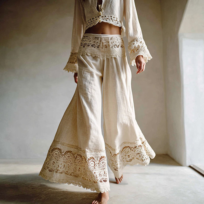 Women's Vintage Lace-paneled Casual Linen Pants