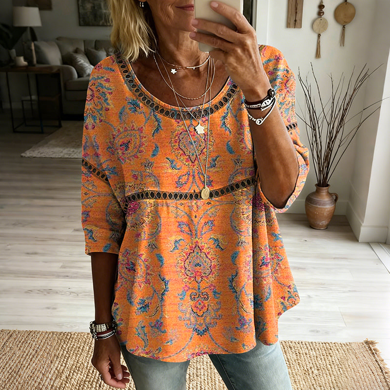 Women's Vintage Ethnic Orange Floral Art Print Flowy Linen Blend Casual Tops
