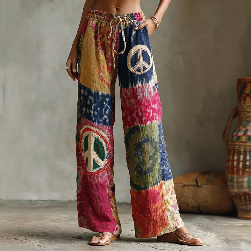 Women's Hippie Style Tie-dye Peace Symbol Print Casual Trousers