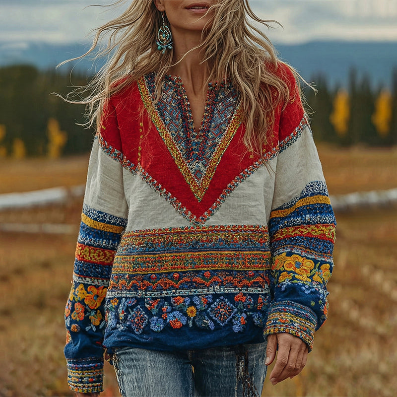 Women's Bohemian Contrast Floral Linen Shirt