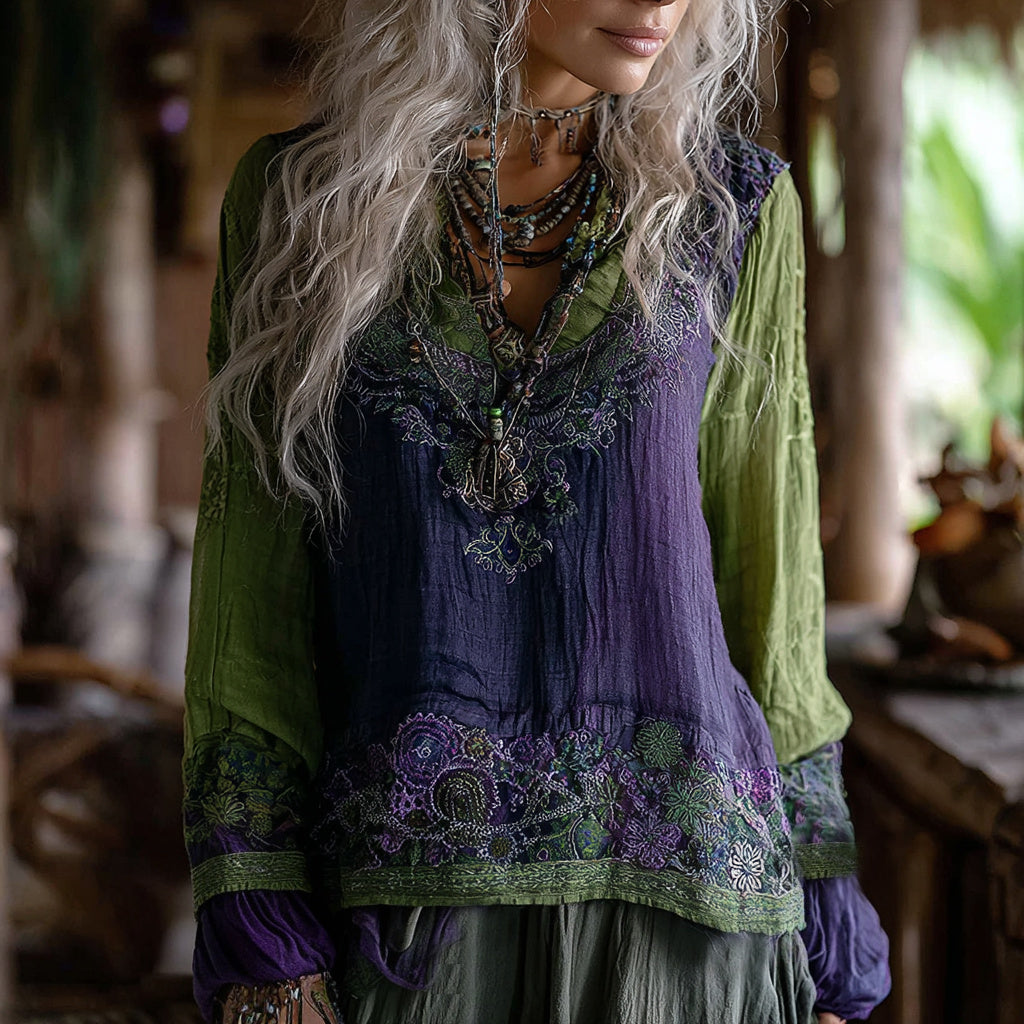 Women's Vintage Vacation Boho Tribal Ethnic Print V-neck Linen Blend Tops