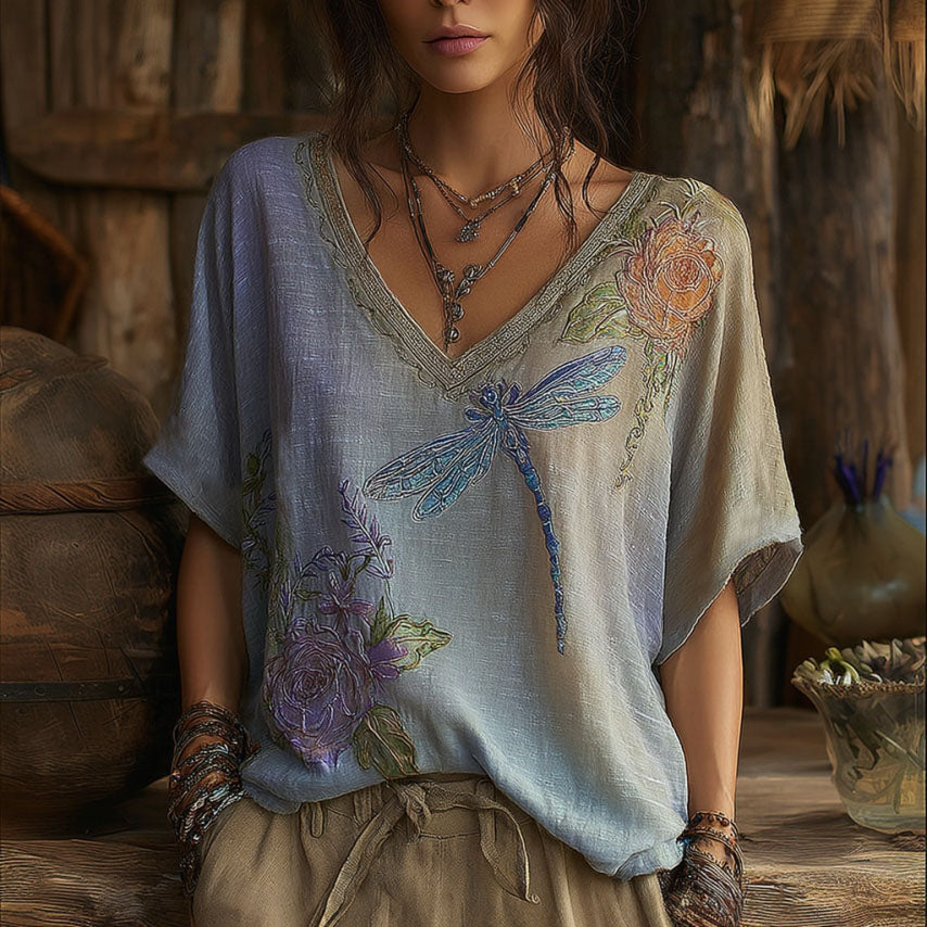 Women's Vintage Rose And Dragonfly Pattern Linen Blend Casual V-neck T-shirt