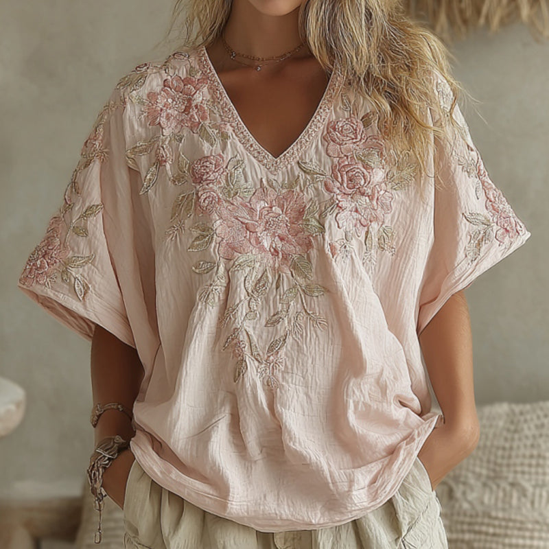 Women's Vintage Pink Rose Art Linen Blend V-neck T-shirt