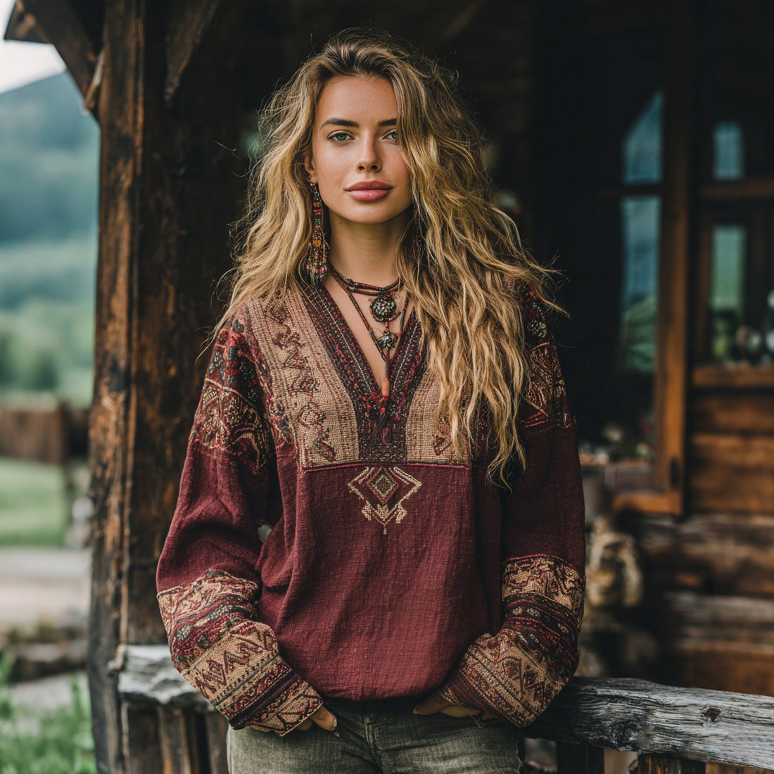 Women's Vacation Boho Tribal Ethnic Print V-neck Linen Blend Tops