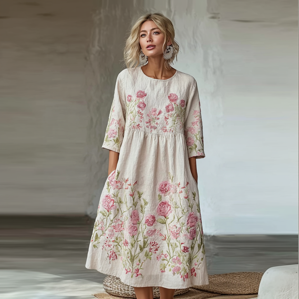 Light Pink Rose Embroidered Pattern Women's Casual Linen Dress