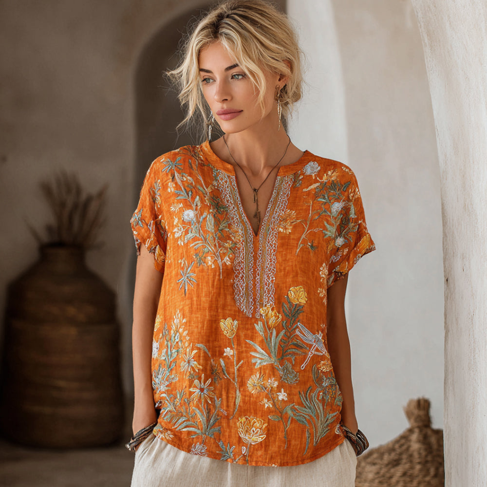 Women's Floral Print Orange Linen Short Sleeve T-shirt