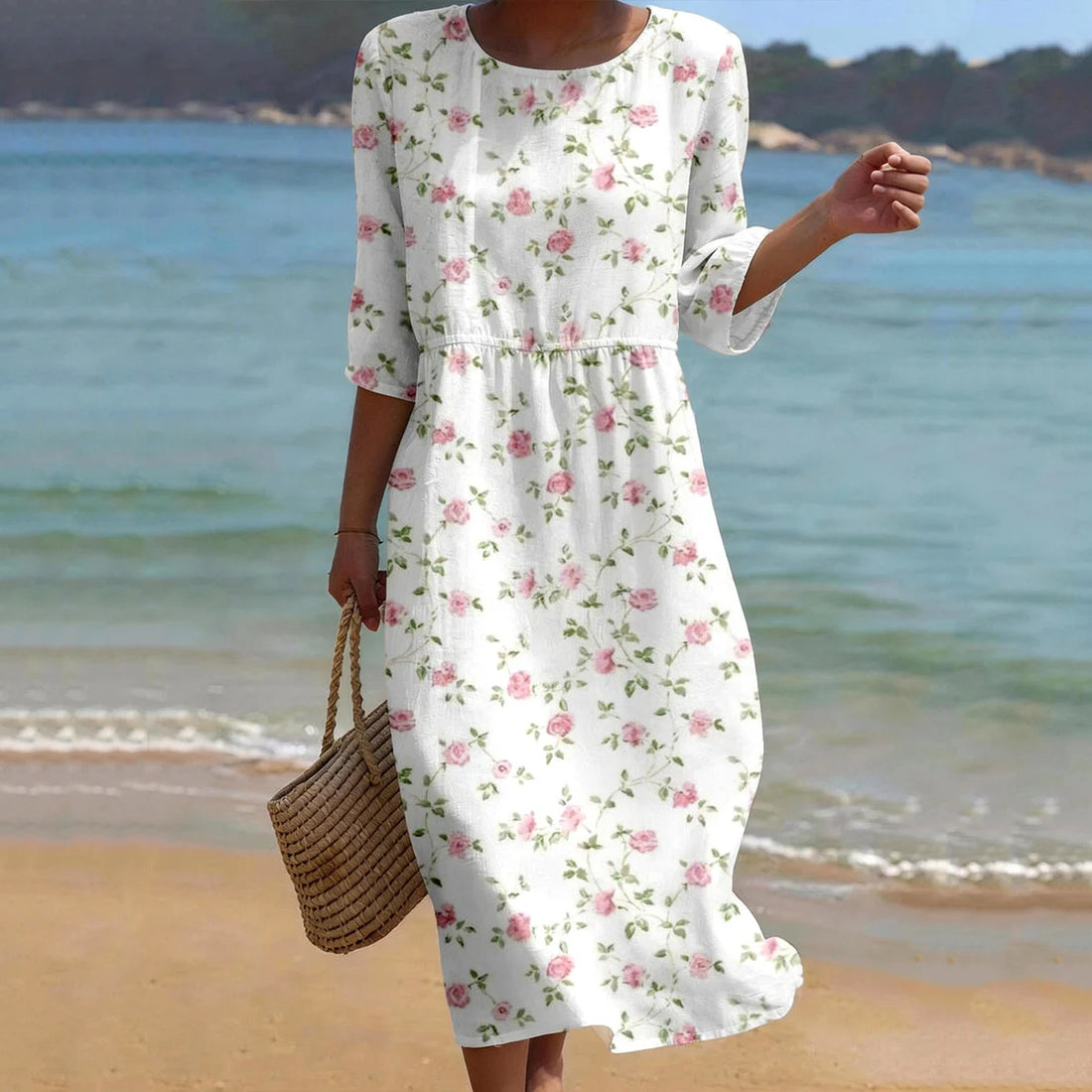 Women's Roses Art Pattern Linen Blend Loose Three-quarter Sleeve Dress