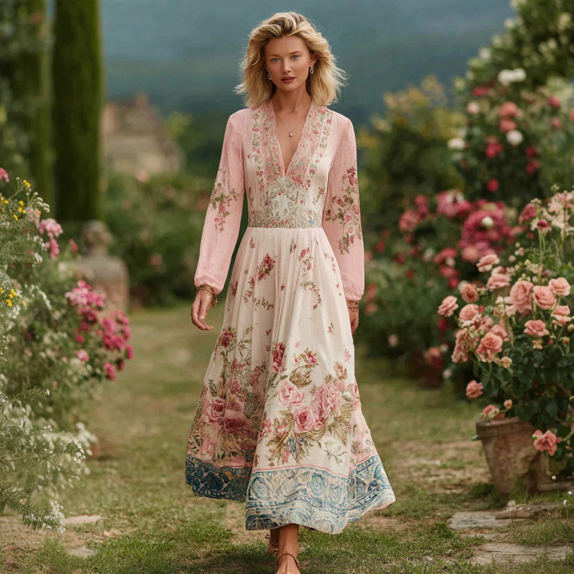 Women's Retro Bohemian Art Floral V-neck Long-sleeved Dress.
