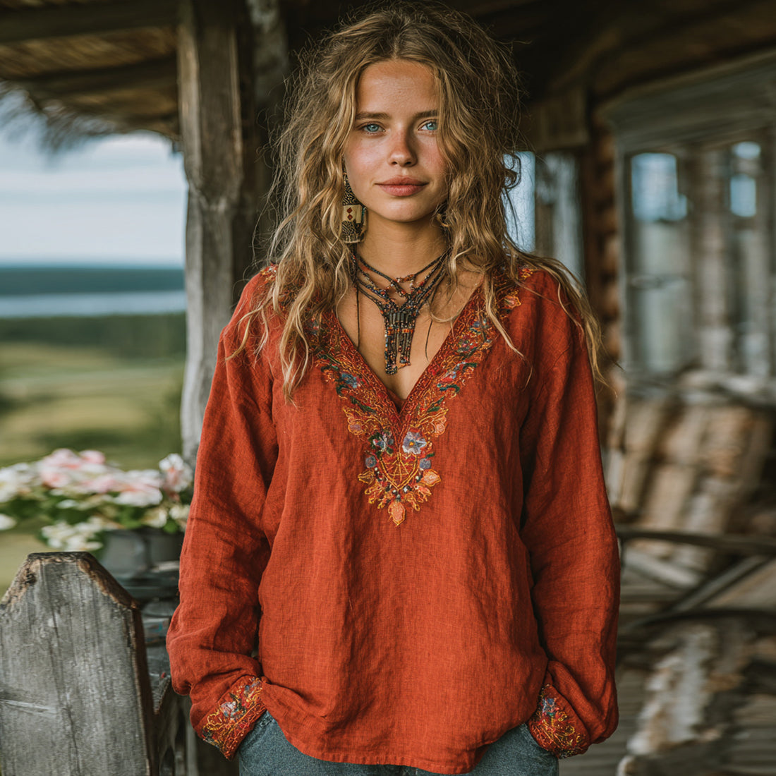 Women's Vintage Floral Embroidered Art V Neck Loose Blouses