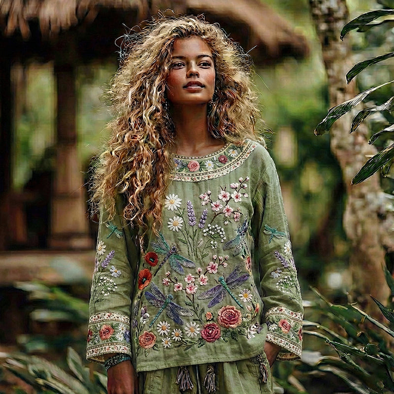 Women's Vacation Boho Floral With Dragonfly Print V-neck Linen Blend Tops
