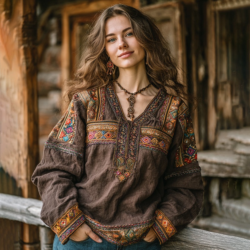 Women's Vintage Floral Embroidered Art Loose Blouses