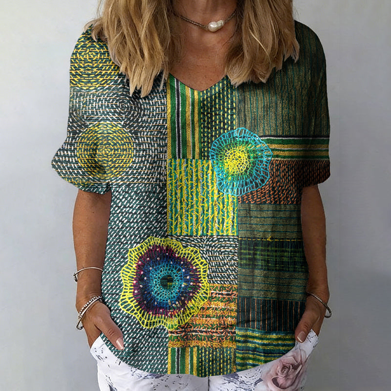 Women's Vintage Patchwork Art Print Flowy Linen Blend Casual T Shirt