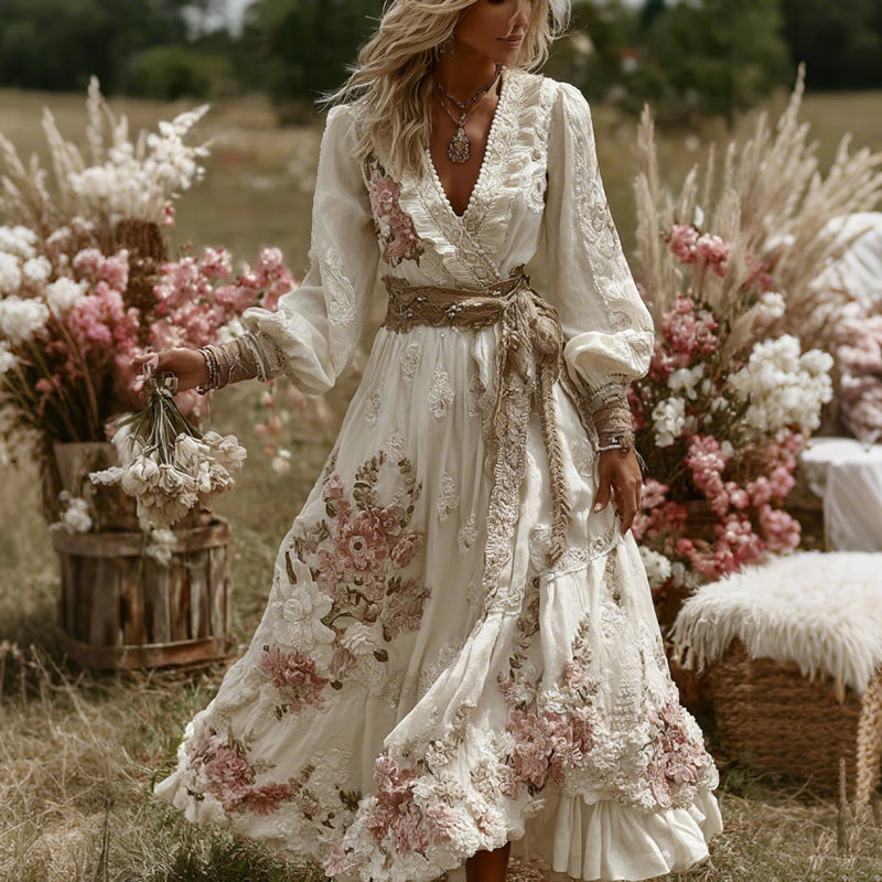 Women's Bohemia Floral Embroidery Art Long Sleeve Maxi Dress