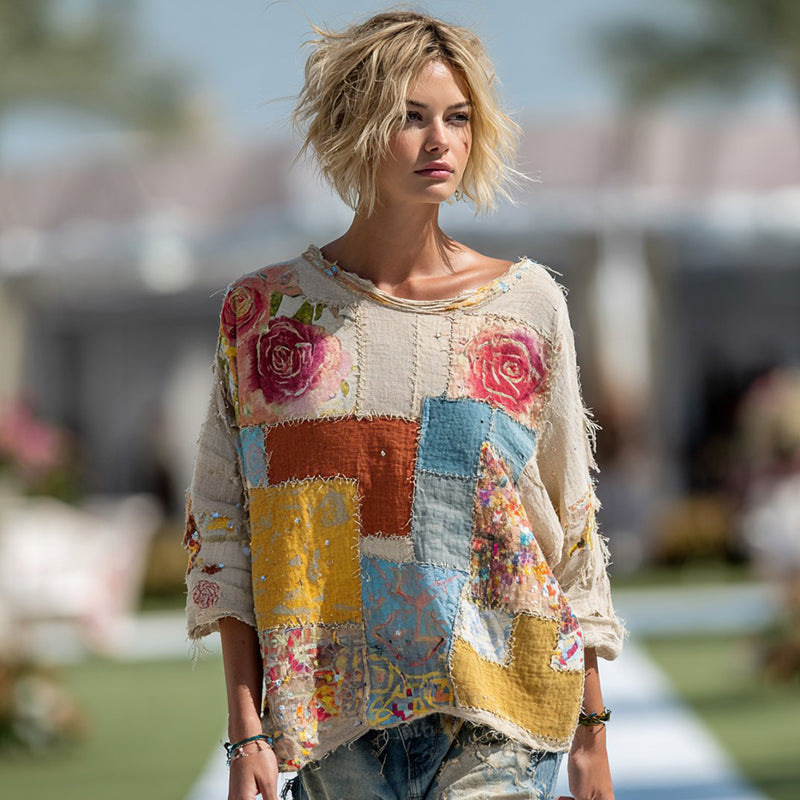 Women's Vintage Bohemian Floral Print Casual Linen Shirt