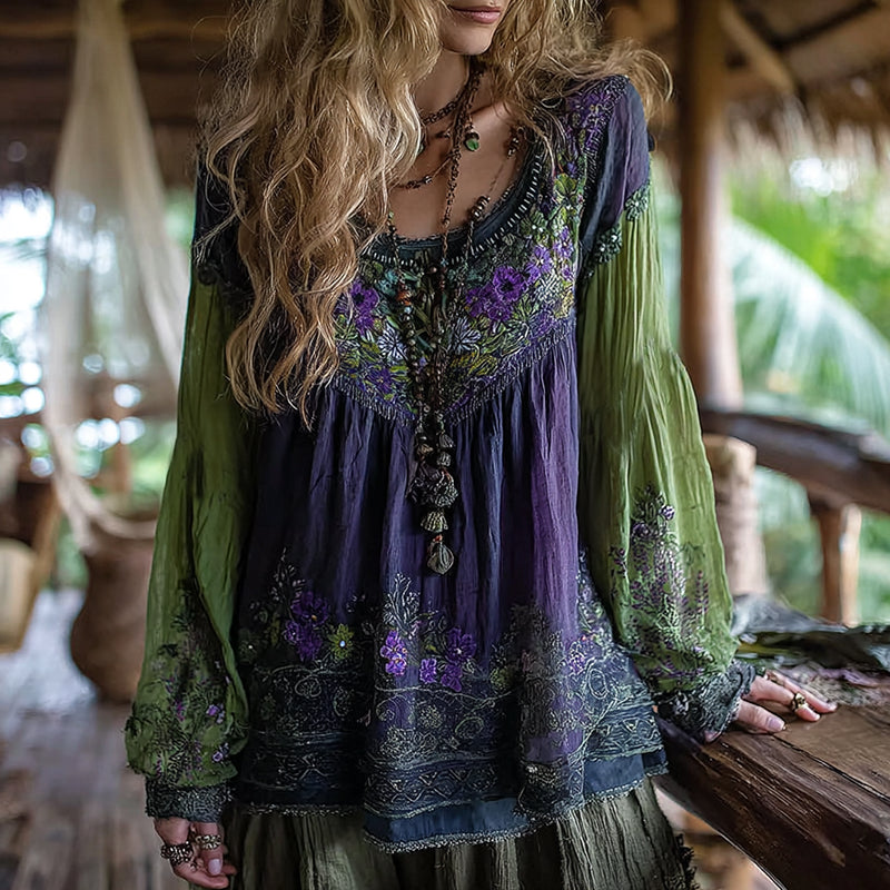 Women's Vacation Boho Tribal Ethnic Print Round-neck Linen Blend Tops
