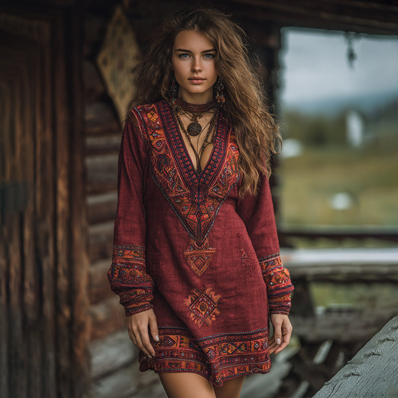 Women's Vintage Boho Tribal Ethnic Print V-neck Linen Blend Long Sleeve Dress