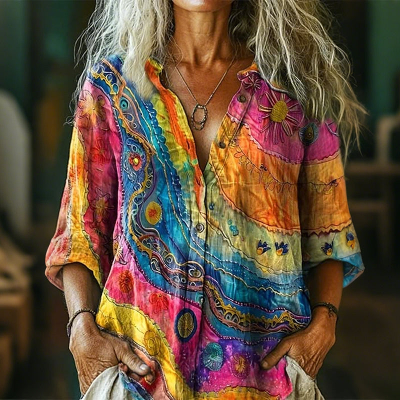 Women's Vintage Colorful Wave Texture Pattern Casual Shirt