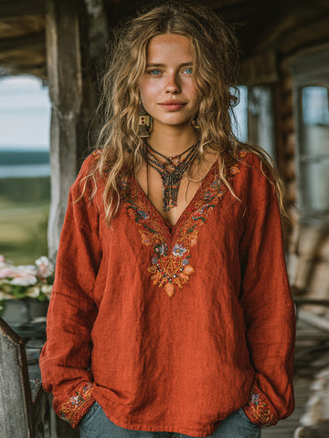 Women's Vintage Floral Embroidered Art V Neck Loose Blouses