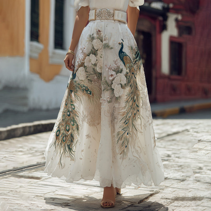 Women's Elegant Floral With Peacock Art Linen Blend Casual Maxii Skirt