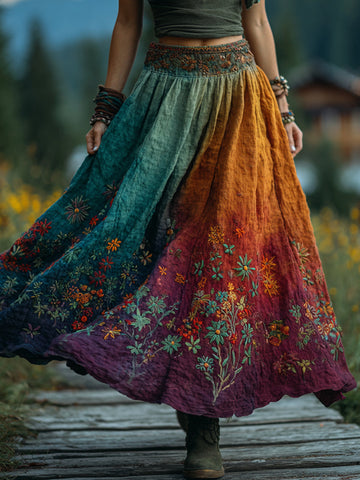 Women's Retro Floral Embroidery Gradient Art Linen Blend Casual Midi Skirt
