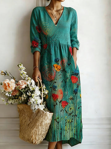 Women's Bohemian Floral Art Print Flowy Linen Blend Casual Dress