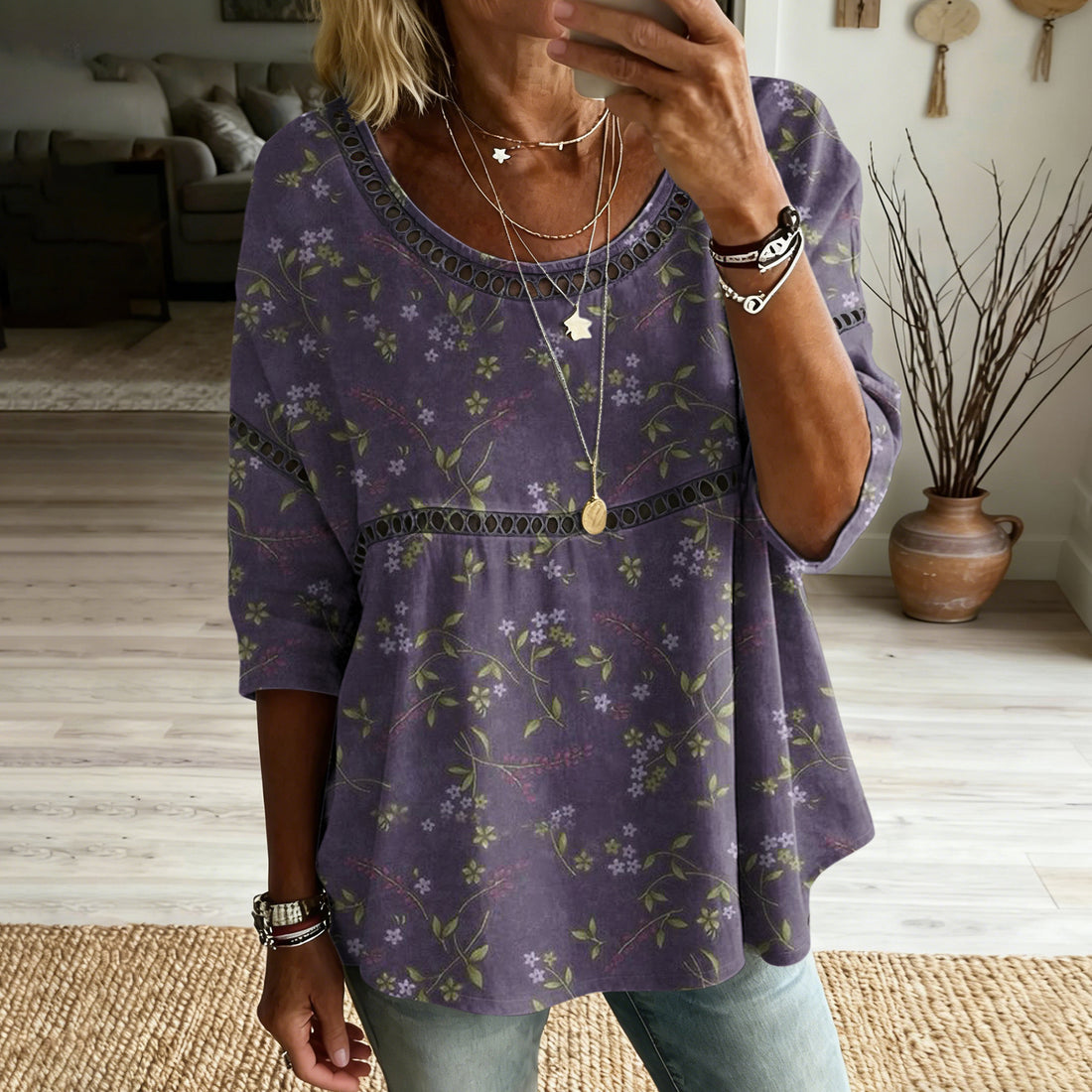 Women's Vintage Floral Art Print Flowy Linen Blend Casual Tops
