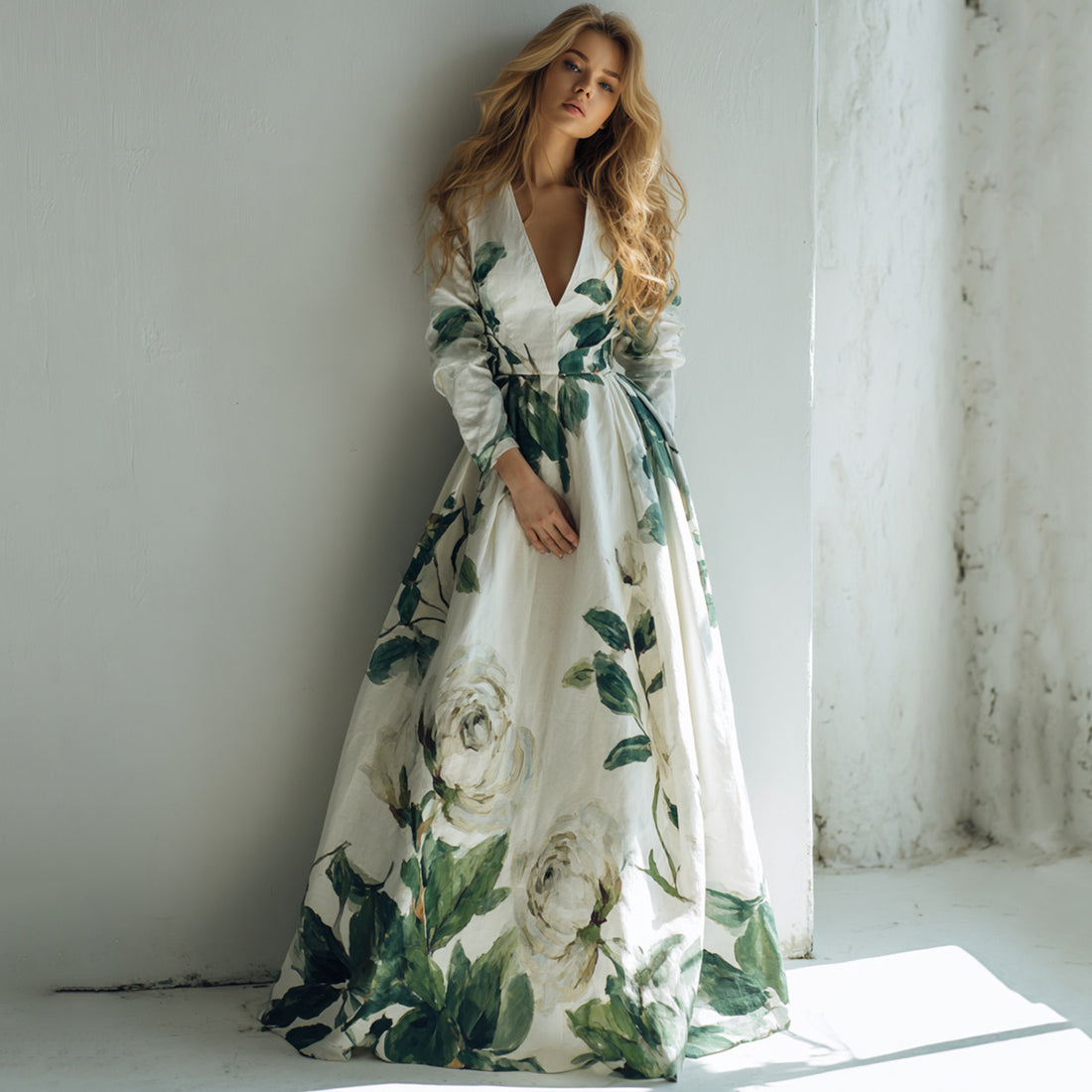 Women's Vintage Floral Art V-neck Long Sleeve Maxi Dress