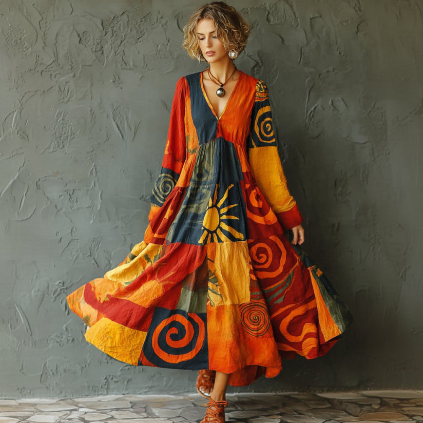 Women's Hippie Style Sun Spiral Print Color-blocked Long Dress