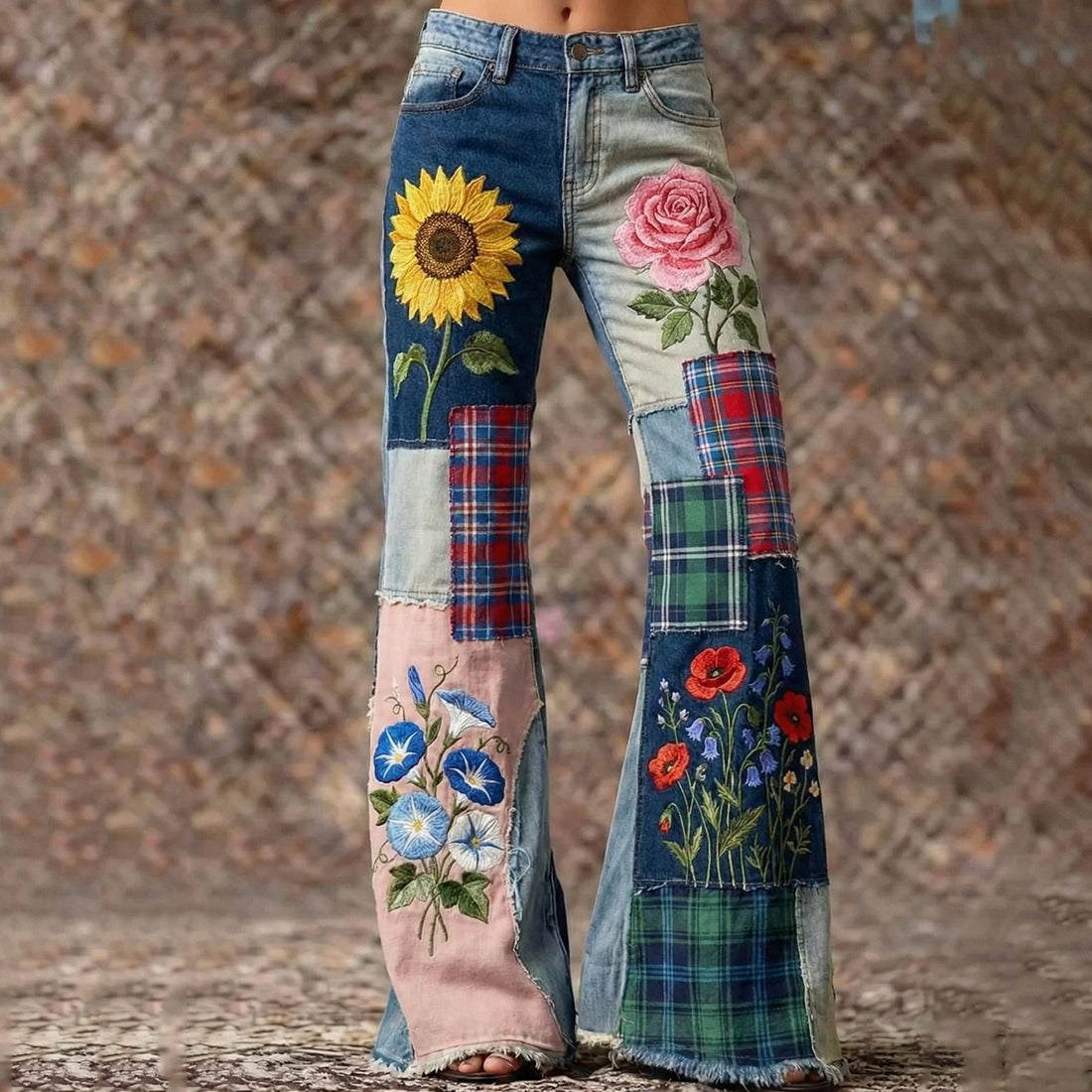 Women's Bohemian Style Floral Sunflower Patchwork Art Jeans