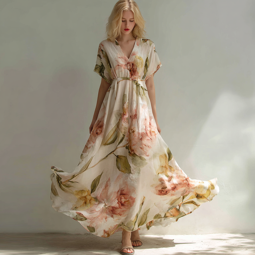 Women's Retro Plant Flower Pattern V-neck Short-sleeve Casual Linen Dress