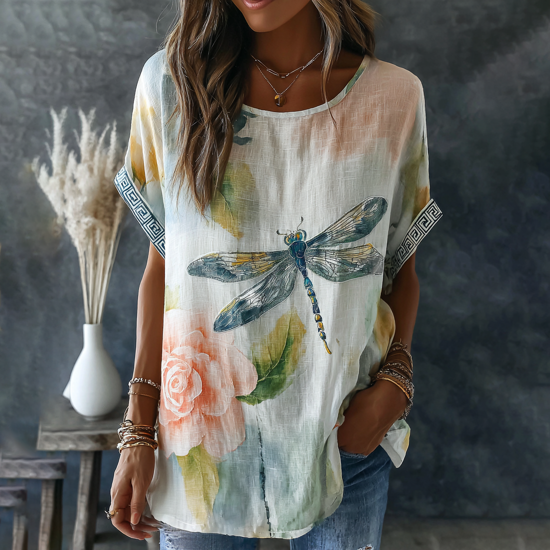 Retro Dragonfly Pattern Linen Blend Short Sleeve Tops